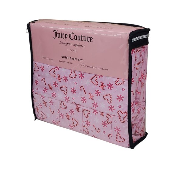 Juicy Couture Queen Sheet Set 4 Pillowcase Pink Peppermint Candy Canes Polyester - Picture 4 of 6